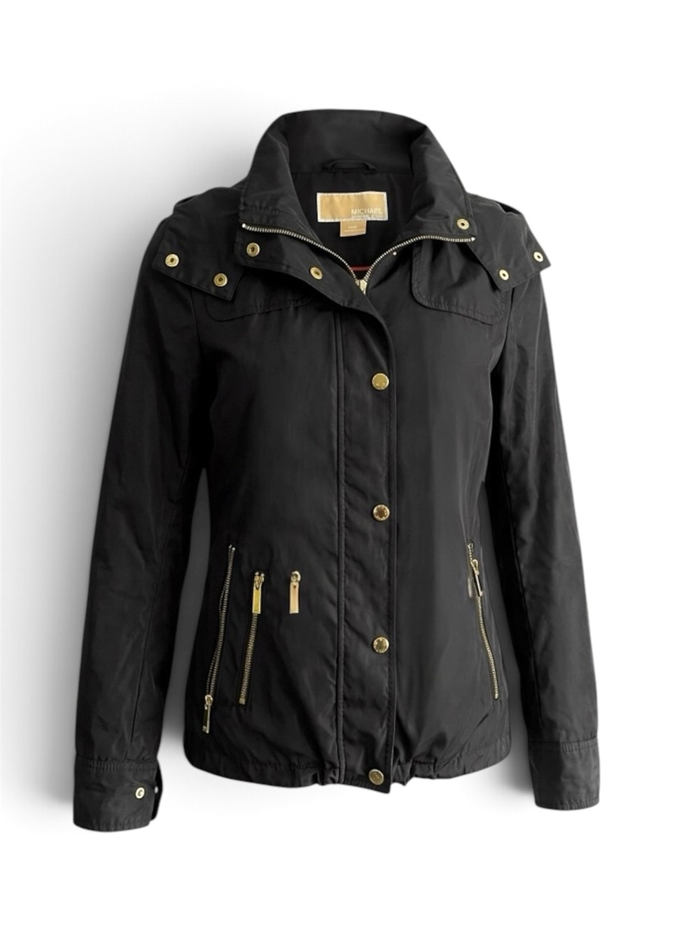 Michael Kors Womens Black Anorak Rain Jacket Hooded Utility Coat Gold Details XS